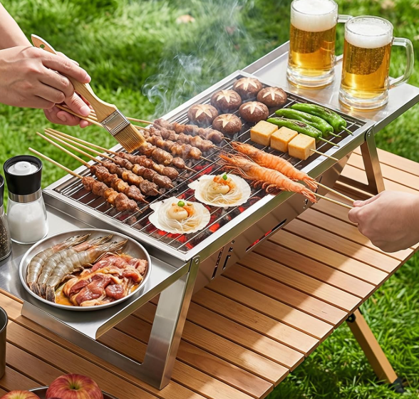 Portable Folding Charcoal BBQ Grill for Camping and Outdoor Cooking, Compact Tabletop Barbecue Grill with Adjustable Heat Control