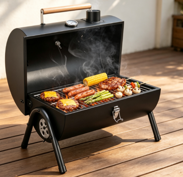Charcoal BBQ Grill with Built in Thermometer, Portable Tabletop Smoker Grill for Outdoor Camping and Barbecue Cooking
