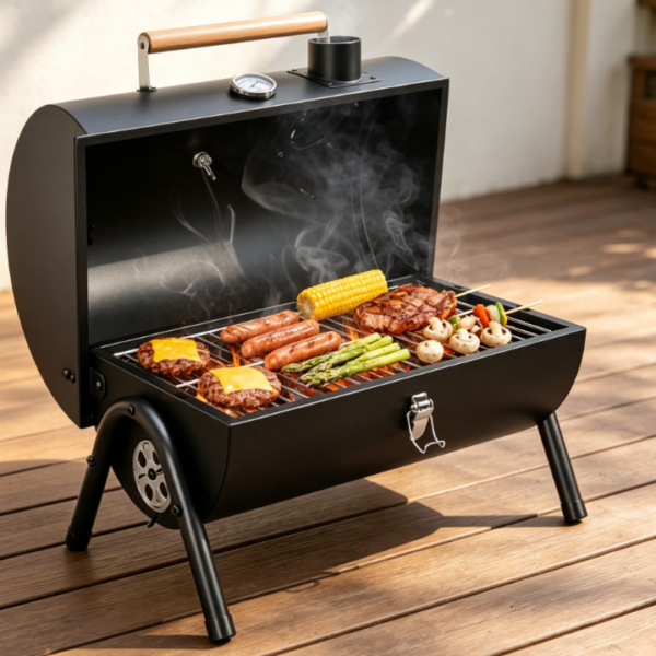 Charcoal BBQ Grill with Built in Thermometer, Portable Tabletop Smoker Grill for Outdoor Camping and Barbecue Cooking