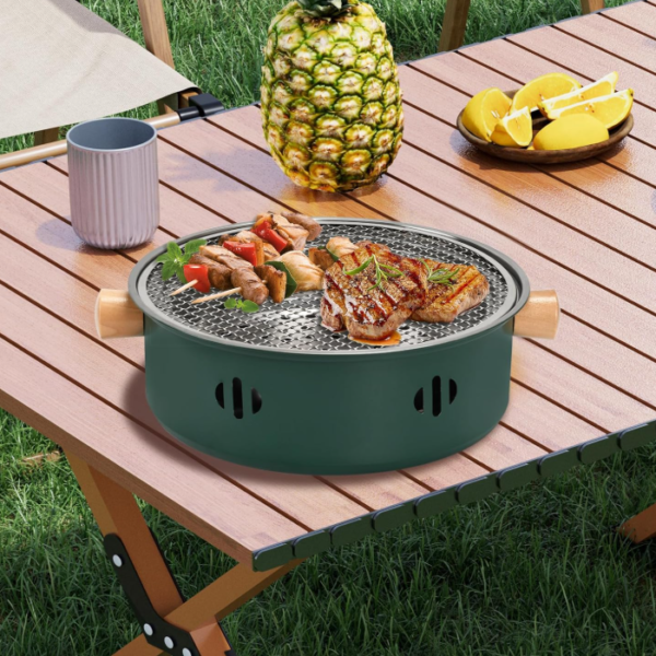 Portable Round Charcoal BBQ Grill, Stainless Steel Outdoor Tabletop Grill for Camping, Picnic and Garden Cooking