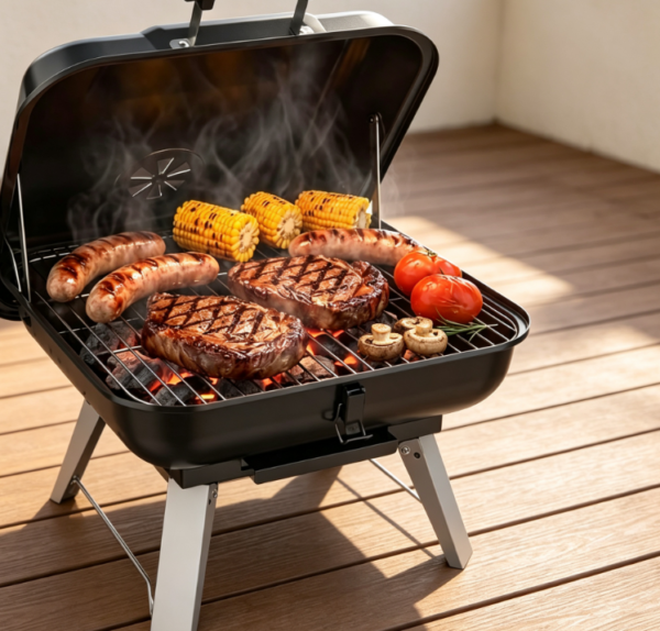 Foldable Charcoal BBQ Grill with Lid, Adjustable Air Vent and Ash Tray, Portable Outdoor Cooking Grill for Camping and Travel