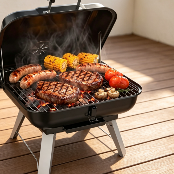 Foldable Charcoal BBQ Grill with Lid, Adjustable Air Vent and Ash Tray, Portable Outdoor Cooking Grill for Camping and Travel