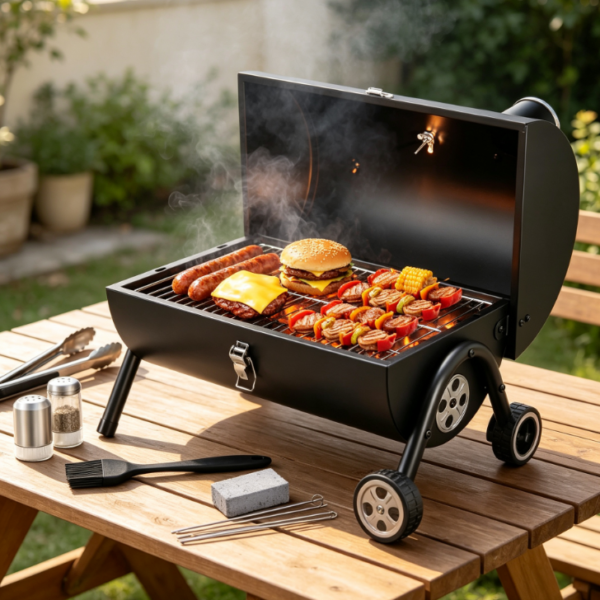 Portable Charcoal BBQ Grill Set with Accessories, Tabletop Outdoor Barbecue Grill with Thermometer for Backyard Cooking