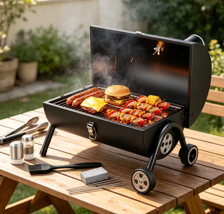 Portable Charcoal BBQ Grill Set with Accessories, Tabletop Outdoor Barbecue Grill with Thermometer for Backyard Cooking