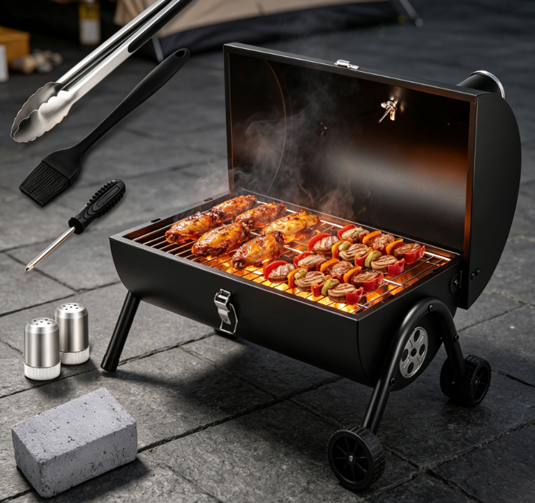 Portable Charcoal BBQ Grill Set with Accessories, Tabletop Outdoor Barbecue Grill with Thermometer for Backyard Cooking Image 2