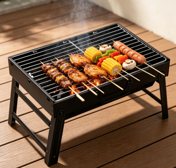 Folding Portable Barbecue Grill with Tools, Lightweight Outdoor Charcoal Grill for Camping, Hiking, Picnic and Party Cooking
