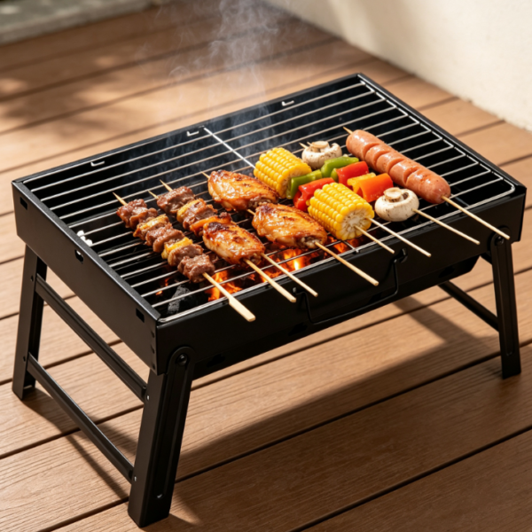 Folding Portable Barbecue Grill with Tools, Lightweight Outdoor Charcoal Grill for Camping, Hiking, Picnic and Party Cooking