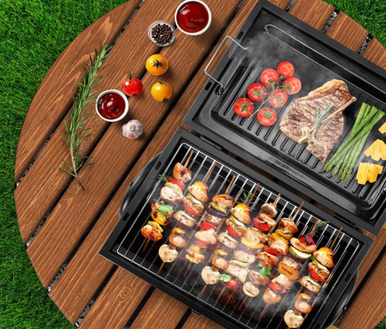 Double Sided Portable Charcoal BBQ Grill with Food Tray, Multi Function Outdoor Barbecue Grill for Home and Patio Cooking