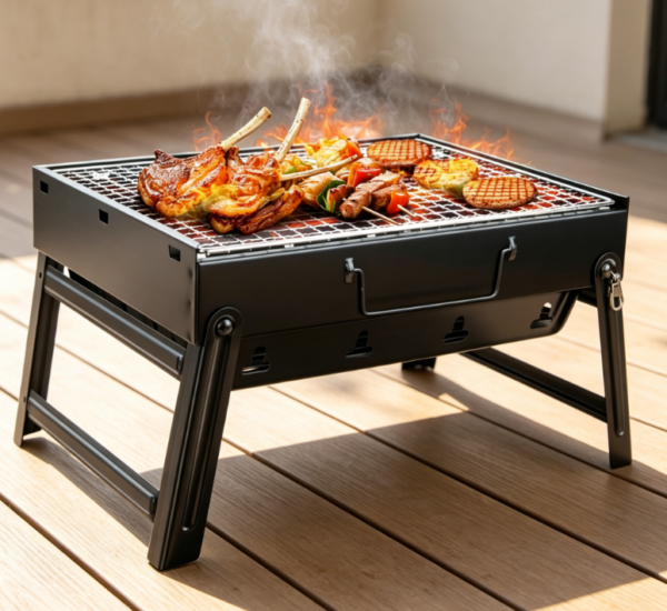 Folding Stainless Steel Charcoal BBQ Grill, Portable Outdoor Barbecue Grill for Camping, Picnic and Garden Cooking