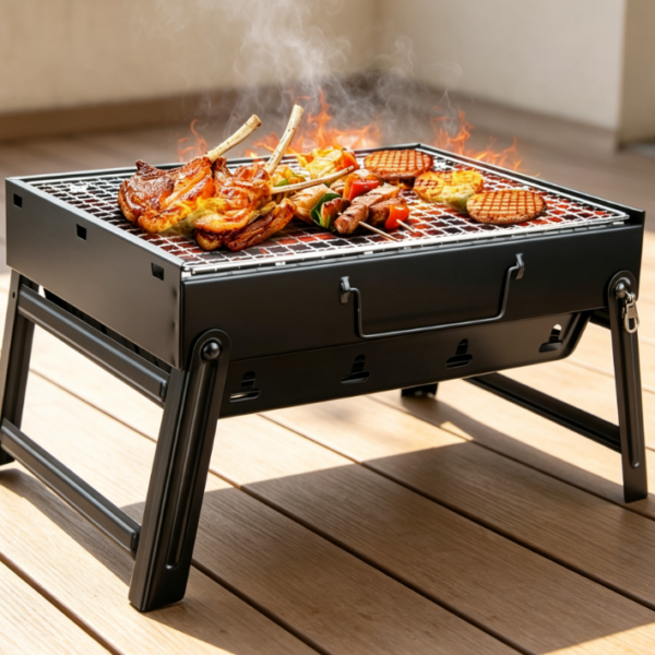 Folding Stainless Steel Charcoal BBQ Grill, Portable Outdoor Barbecue Grill for Camping, Picnic and Garden Cooking