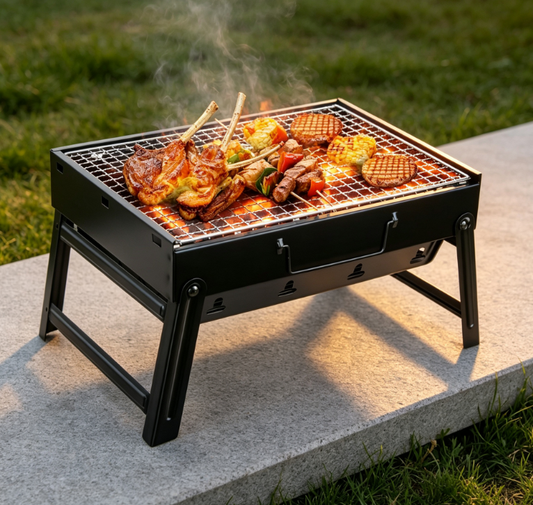 Folding Stainless Steel Charcoal BBQ Grill, Portable Outdoor Barbecue Grill for Camping, Picnic and Garden Cooking Image 2