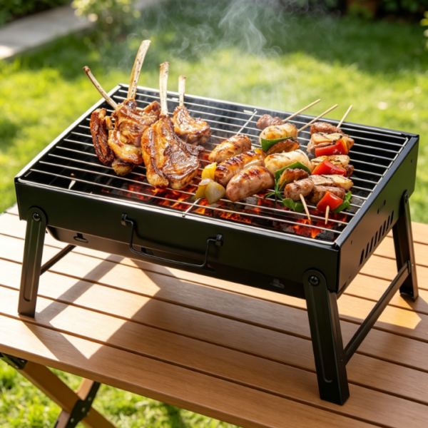 Foldable Portable Charcoal Grill, Tabletop Outdoor BBQ Smoker for Camping, Picnic, Beach and Outdoor Meals