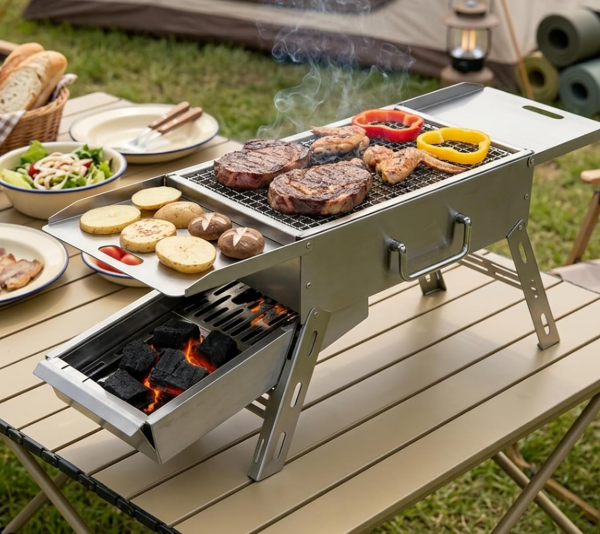 Stainless Steel Portable Charcoal Grill with Carry Bag, Lightweight Folding BBQ Grill for Camping, Picnic and Outdoor Events