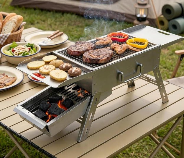 Stainless Steel Portable Charcoal Grill with Carry Bag, Lightweight Folding BBQ Grill for Camping, Picnic and Outdoor Events