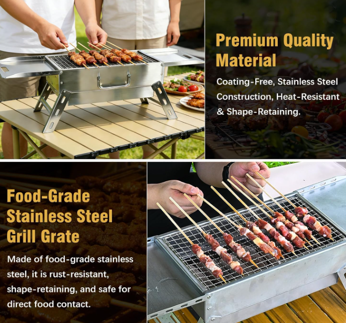 Stainless Steel Portable Charcoal Grill with Carry Bag, Lightweight Folding BBQ Grill for Camping, Picnic and Outdoor Events Image 2